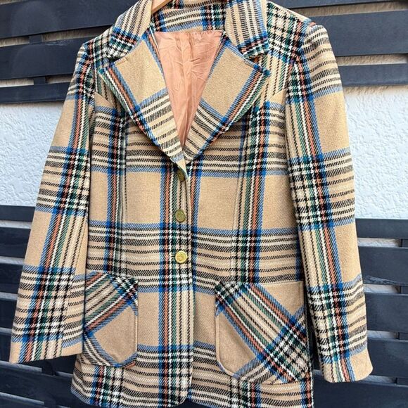 Vintage Prestige of Boston 60s/70s Plaid Blazer in Tan/Multi Plaid | Size 12 - Picture 3 of 5